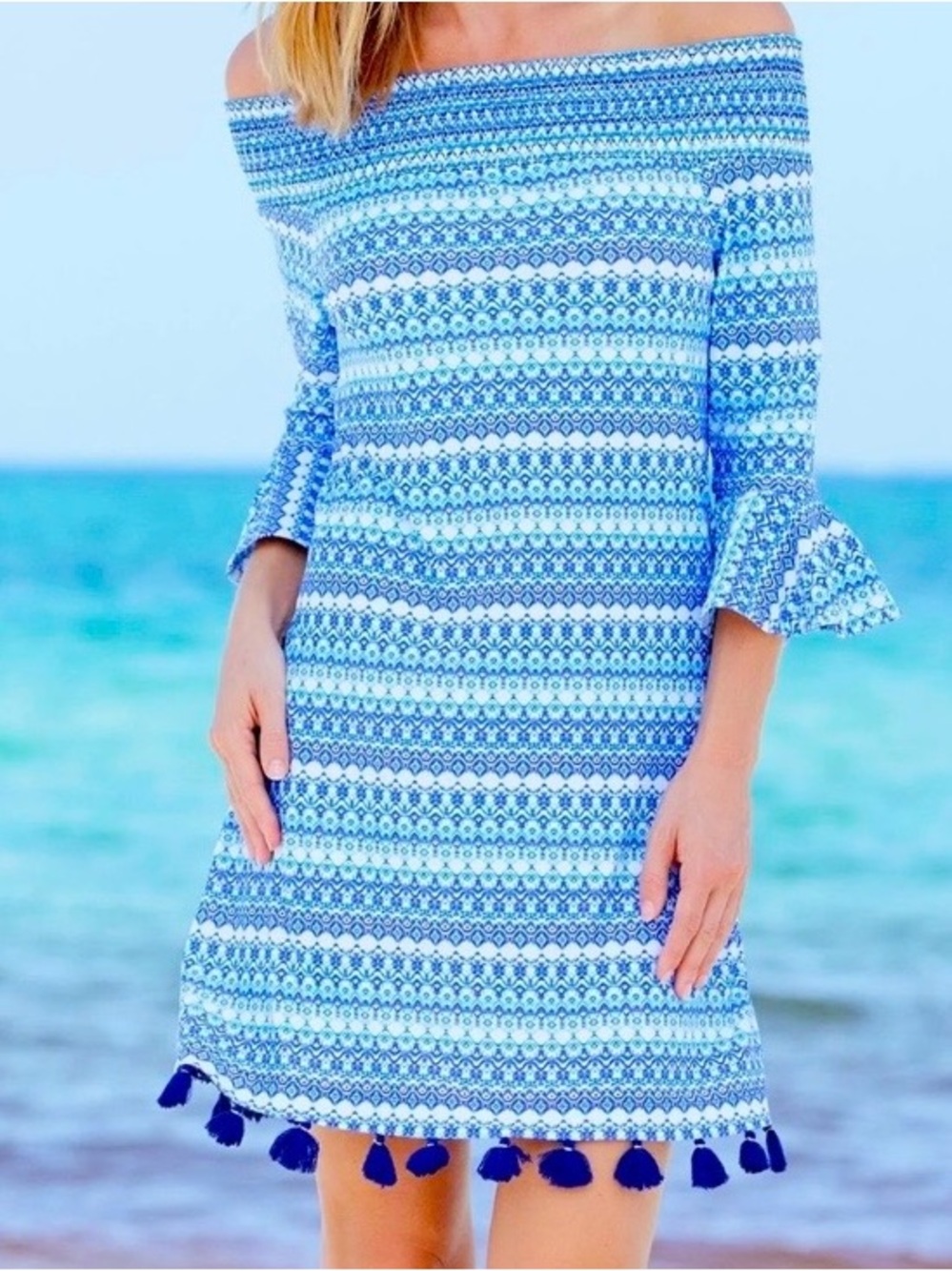 Cabana Life Light Blue & White Smocked Sundress -M blue white , nylon spandex